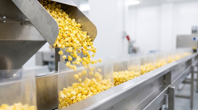 Popcorn pouring from industrial dispenser into plastic bag on conveyor belt. Automated snack food packaging line inside modern factory. Mass production and food manufacturing process