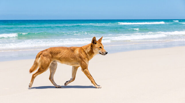 A wild dingo walks along a pristine white sand beach in Queensland. Crisp bright daylight perfectly highlights its golden sandy coat against the clear blue ocean.