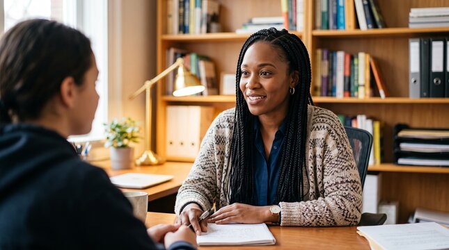 Smiling african american woman counselor consulting client during office meeting. Professional mentoring and psychological support session. Therapy and career guidance concept.