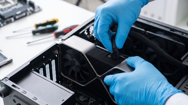 Technician hands in blue glove installing graphics card into desktop computer case. Computer hardware assembly and upgrade. IT support and pc repair service concept.
