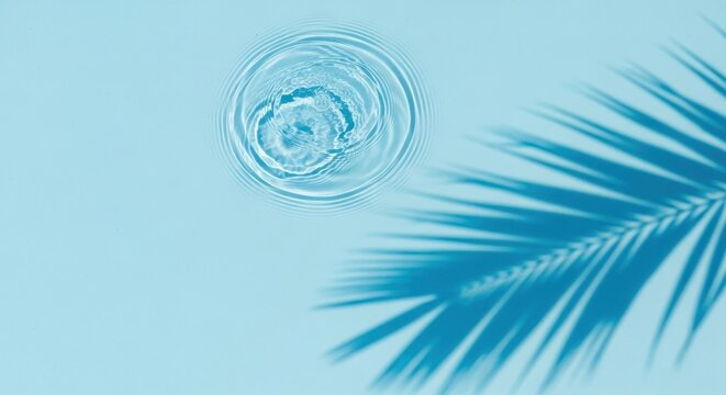 Water ripples and shadow of palm leaf on blue background