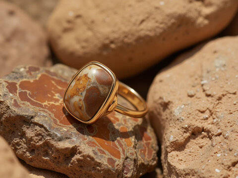 close up of oval gold ring with textured reddish brown stone on rough natural rock surface, detailed craftsmanship
