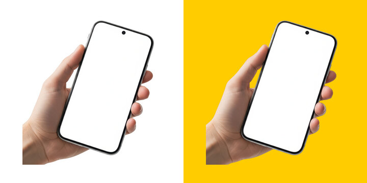 Hand holding a modern black smartphone with empty blank screen mockup display png