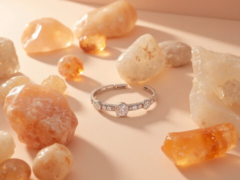 close up of elegant engagement ring set with central diamond, raw natural gemstones, white gold band, soft diffused peach