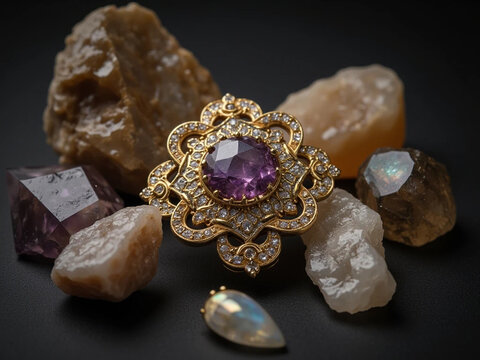 elegant gold brooch set with purple gemstone and intricate filigree detailing on dark reflective background