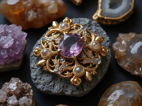 collection of gold and gemstone brooches with central purple gem and intricate filigree, close up on textured stone