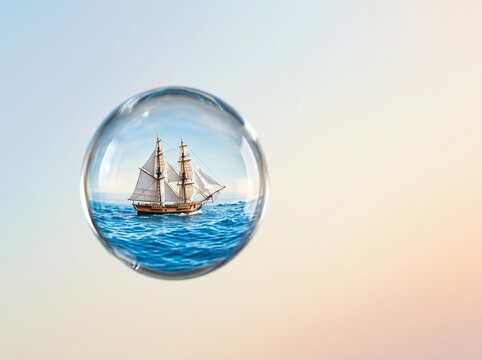 Vintage Sailing Ship Floating Inside a Clear Glass Sphere, Creative Travel and Freedom Concept