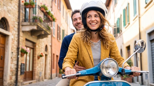 Woman driving blue scooter with man passenger on old european town street. Happy couple traveling on vacation, summer adventure and romantic honeymoon concept. Tourism and lifestyle