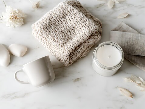 Cozy home spa setup with towels, candle and coffee mug
