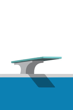 Hand-traced vector illustration of a diving board perched over the edge of a blue swimming pool, with reflection shadow visible in the water, minimalist graphic icon style