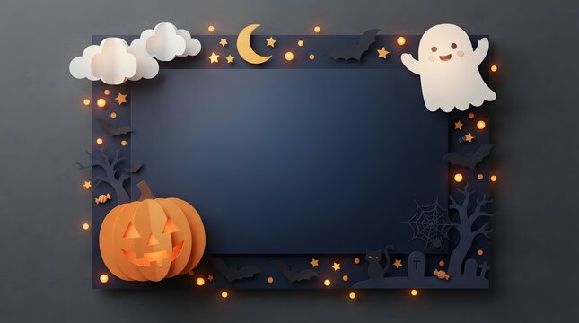 Decorative halloween photo frame featuring a cute ghost pumpkin moon and clouds on a dark background