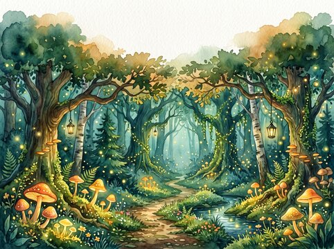 Enchanted watercolor forest illustration with glowing mushrooms, ancient trees, and a mystical path