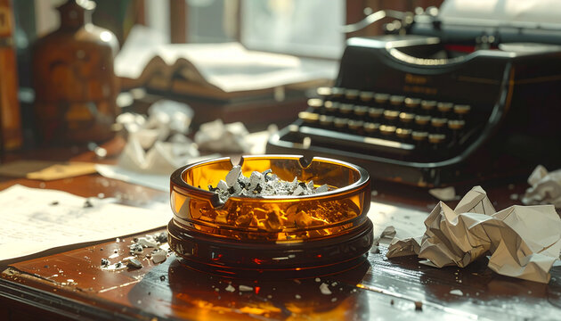 Vintage desk with typewriter and ashtray