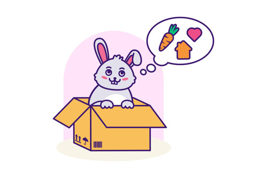 Cartoon line art rabbit bunny in box thinking about home, love, tasty food. Adopt pet design for pet shop branding, small animal care app, Easter graphic, veterinary website. Pet ownership, rabbits, w