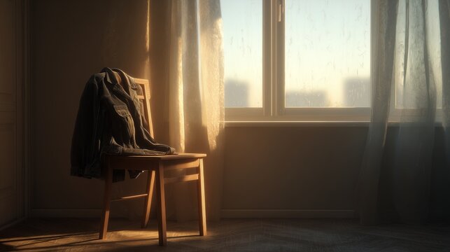 Empty chair with jacket beside bright window suggests wrongful death, fatal negligence, grief, and absence after tragic loss.