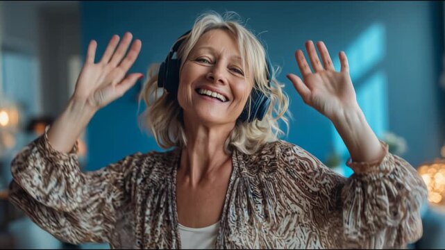Carefree senior woman wearing wireless headphones, dancing and enjoying her favorite music at home