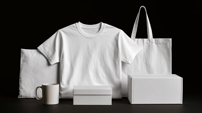Blank white apparel and packaging items arranged neatly, concept for branding and promotional merchandise showcasing custom design possibilities