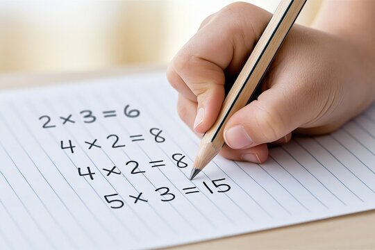 Child writing math homework equations with pencil on lined paper