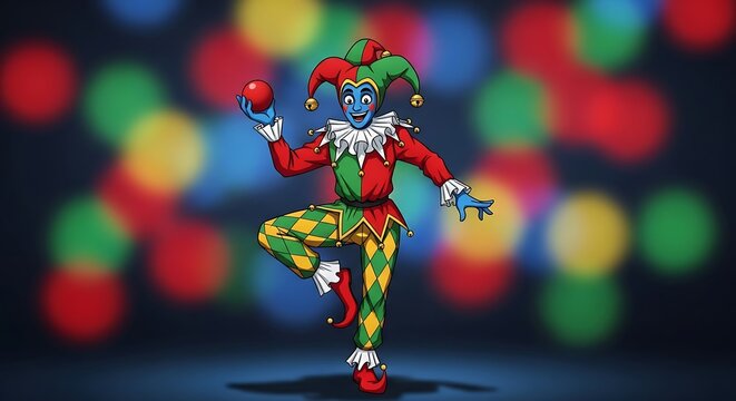 Cartoon jester character holding red ball on bokeh background