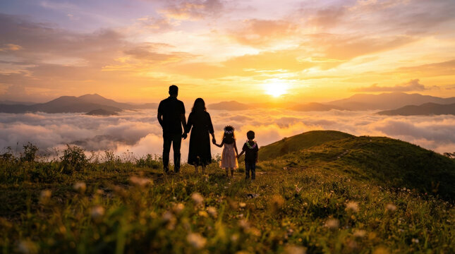 Silhouette four family members standing on grassy hill admiring scenic cloud inversion at golden dawn for inspirational poster designs.