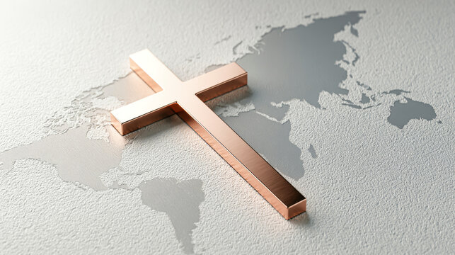 A cross rests on a world map that outlines various countries and continents. The map serves as a background for the cross, highlighting global significance