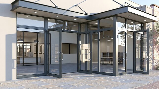 Glass doors featuring dark frames and chrome handles display 3D shop or office entrances in realistic architectural designs.