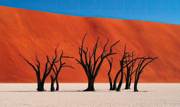Stark dead trees stand on white clay against a towering orange dune under blue sky