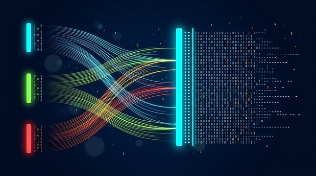 Abstract digital transformation concept with flowing lines of cyan green and red data streams merging into binary code on dark blue background symbolizing data processing and information flow.