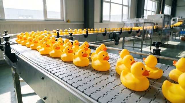 Yellow rubber duck on conveyor belt in toy factory. Mass production line of plastic duck toy. Automated manufacturing industry and business concept for children product