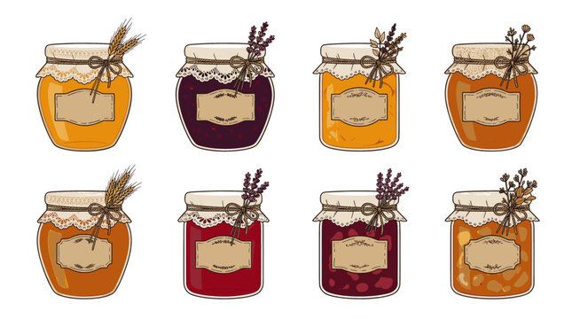 Hand drawn set of glass jars filled with honey and jam decorated with lace and dried flowers for seasonal celebration