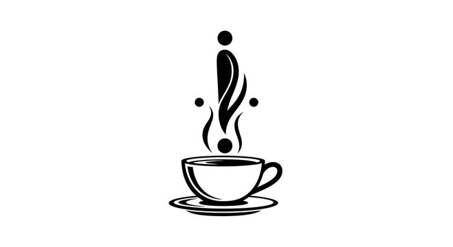 Monochrome coffee cup with abstract exclamation mark steam design