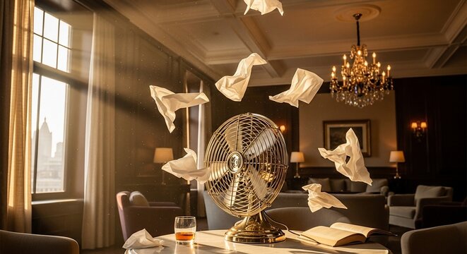 Vintage fan and floating papers