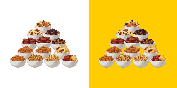 Healthy assorted dried fruits and nuts in bowls pyramid png