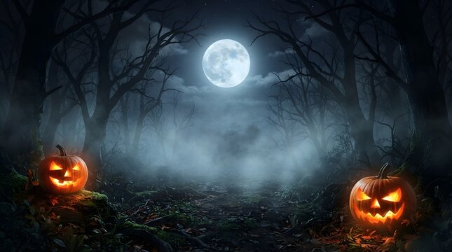 Spooky halloween background featuring glowing jack o lanterns in a dark foggy forest under a full moon
