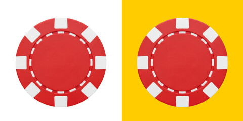 Naklejka premium One red casino poker chip shown on white and yellow split background png