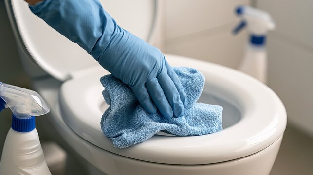 Hand in blue latex gloves diligently wipes a white toilet seat with a gray cloth, demonstrating hygienic sanitation practices for a spotless bathroom