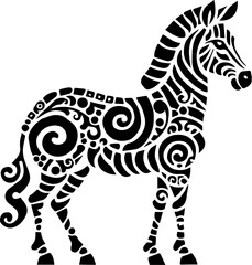 Naklejka premium SVG cute animal tattoo design, clean vector style. Artistic Black and White Zebra with Intricate Swirls and Patterns