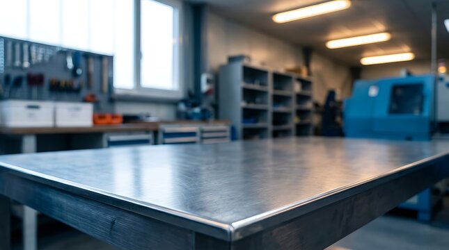 Clean metal workbench surface in workshop environment with tools organized on wall and machinery in background showing professional workspace for skilled craftspeople and industrial tasks.