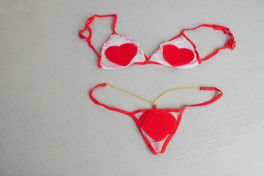 Red Heart Lingerie Set With Sheer Mesh Bra And Thong For Valentine Or Romantic Occasion