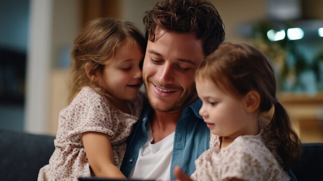 Happy father sharing a moment with his loving daughters at home