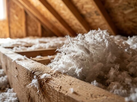 Loose blown-in fiberglass insulation filling wooden attic joists, thermal protection for home construction, bright natural light.