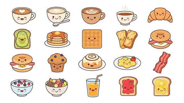 Collection of colorful watercolor illustrations of breakfast foods and hot drinks