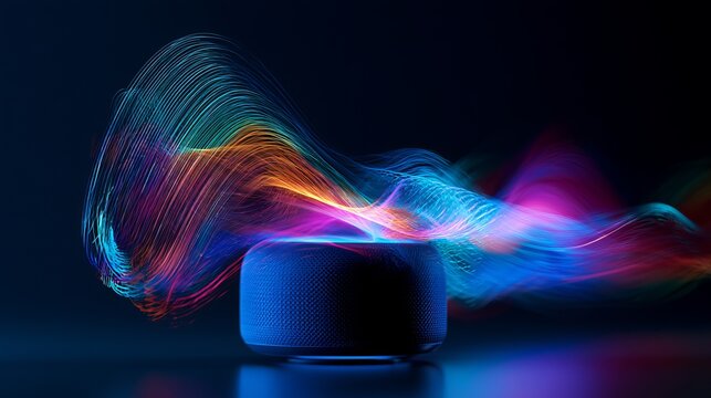 Dynamic neon light trails swirling around a sleek wireless speaker, creating a captivating abstract display showcasing modern audio technology and vibrant energy