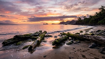 Obraz premium Tropical beach at sunset with driftwood logs, dramatic colorful sky reflecting over the calm ocean water.