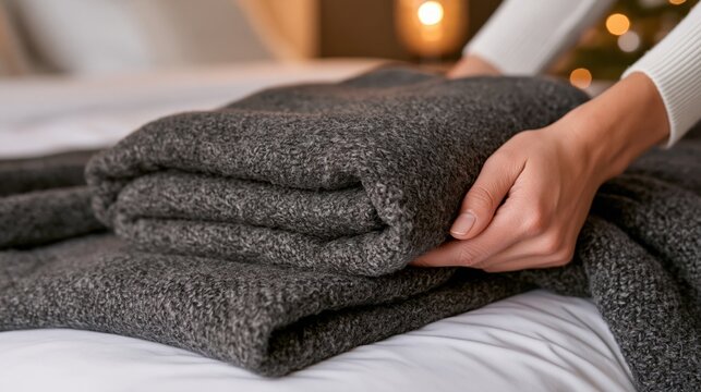 A person s hand gently holds a folded gray textured blanket on a white bed