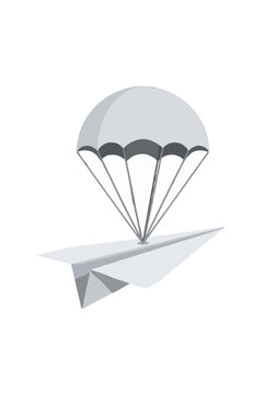 Hand-drawn vector icon of a paper airplane gliding safely beneath an open parachute canopy in soft gray tones, featuring fine hand-traced lines, delicate folds, and a minimalist illustration style
