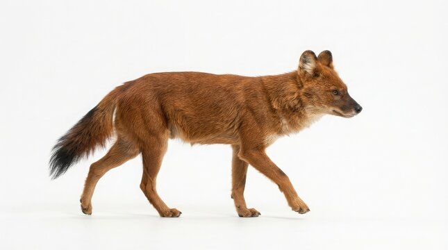 Wild dhole walking in profile on plain white background for clean wildlife design projects