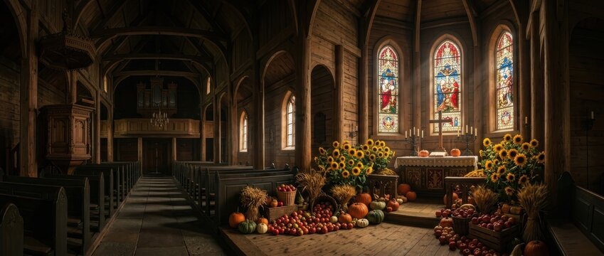 Traditional wooden church interior decorated with harvest festival offerings of wheat sheaves and sunflowers