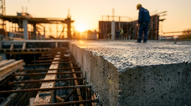 Construction worker on concrete slab during sunset, building new project development with rebar structure overhead, industrial sunrise scene.