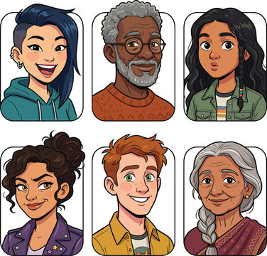 Diverse group of cartoon people avatars representing different ages and cultures